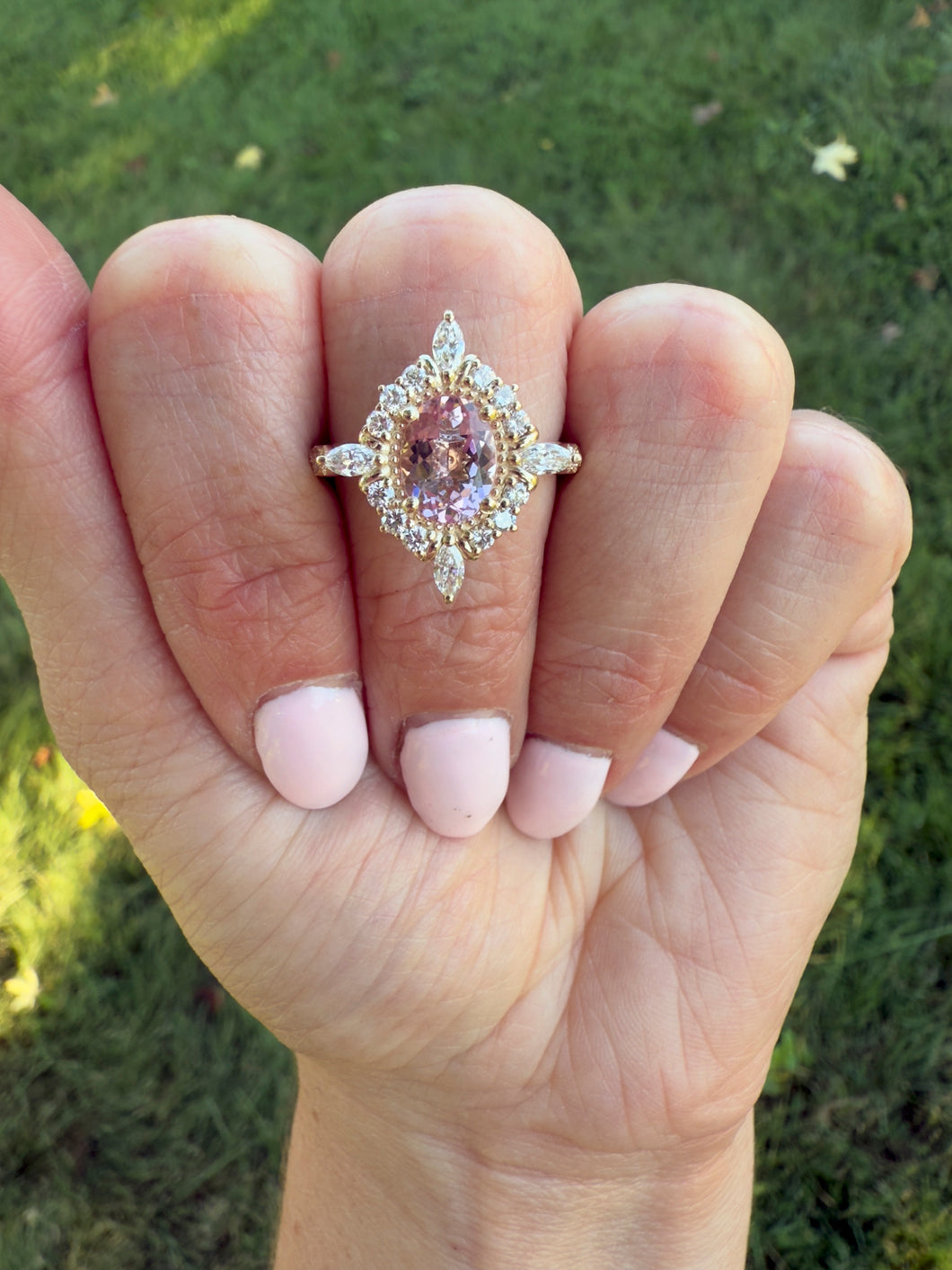 Custom Made 14K Yellow Gold Oval Morganite & Diamond Halo Engagement Ring