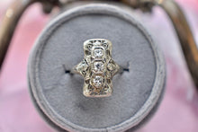 Load image into Gallery viewer, Vintage Art Deco 18K White Gold Old European Cut Three Stone Filigree Diamond Engagement Ring
