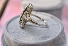 Load image into Gallery viewer, Vintage Art Deco 18K White Gold Old European Cut Three Stone Filigree Diamond Engagement Ring
