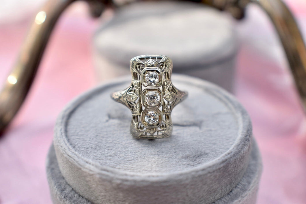 Vintage Art Deco 18K White Gold Old European Cut Three Stone Filigree Diamond Engagement Ring