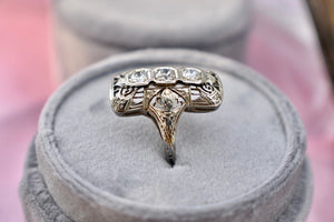 Vintage Art Deco 18K White Gold Old European Cut Three Stone Filigree Diamond Engagement Ring