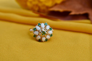 Vintage 14K Yellow Gold Vintage Emerald & Opal Double Halo Dome Ring