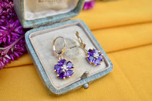 Load image into Gallery viewer, 14K Yellow Gold Vintage Dangle Amethyst &amp; Diamond Flower Earrings
