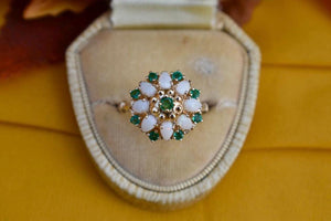 Vintage 14K Yellow Gold Vintage Emerald & Opal Double Halo Dome Ring