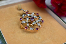 Load image into Gallery viewer, Art Nouveau Platinum and 14K Rose Gold Ruby, Diamond &amp; Pearl Pendant Brooch
