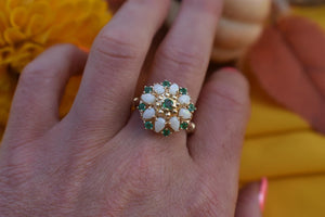 Vintage 14K Yellow Gold Vintage Emerald & Opal Double Halo Dome Ring