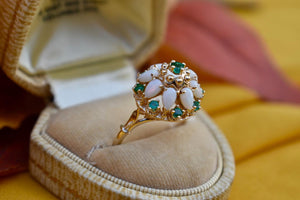 Vintage 14K Yellow Gold Vintage Emerald & Opal Double Halo Dome Ring