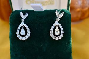 Rare Art Deco Dangle 14K White Gold Pear Shape Halo Diamond Earrings