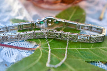 Load image into Gallery viewer, Vintage Art Deco 14K White Gold Emerald &amp; Diamond Filigree Bracelet
