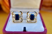 Load image into Gallery viewer, Vintage 14K Yellow Gold Emerald Cut Sapphire &amp; Diamond Halo Earrings
