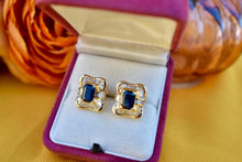 Load image into Gallery viewer, Vintage 14K Yellow Gold Emerald Cut Sapphire &amp; Diamond Halo Earrings
