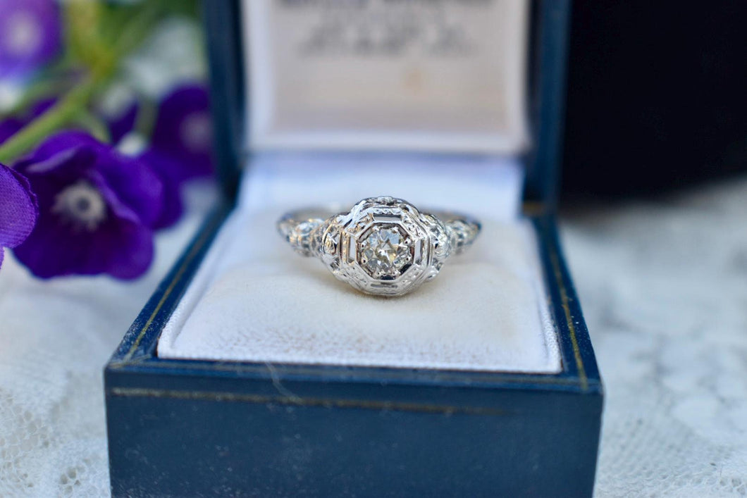 Vintage 18K White Gold Art Deco Octagon Old European Cut Diamond Ring