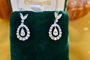 Rare Art Deco Dangle 14K White Gold Pear Shape Halo Diamond Earrings