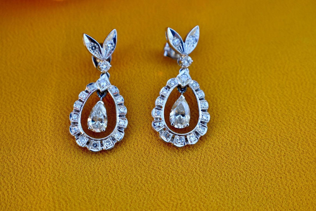 Rare Art Deco Dangle 14K White Gold Pear Shape Halo Diamond Earrings