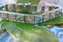 Load image into Gallery viewer, Vintage Art Deco Platinum Emerald &amp; Diamond Filigree Bracelet
