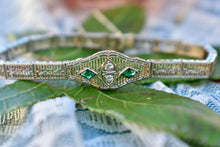 Load image into Gallery viewer, Vintage Art Deco 14K White Gold Emerald &amp; Diamond Filigree Bracelet
