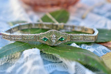 Load image into Gallery viewer, Vintage Art Deco 14K White Gold Emerald &amp; Diamond Filigree Bracelet
