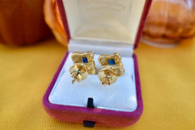 Load image into Gallery viewer, Vintage 14K Yellow Gold Emerald Cut Sapphire &amp; Diamond Halo Earrings
