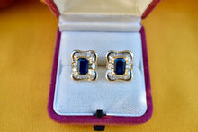 Load image into Gallery viewer, Vintage 14K Yellow Gold Emerald Cut Sapphire &amp; Diamond Halo Earrings
