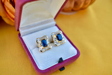 Load image into Gallery viewer, Vintage 14K Yellow Gold Emerald Cut Sapphire &amp; Diamond Halo Earrings
