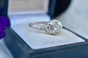 Vintage 18K White Gold Art Deco Octagon Old European Cut Diamond Ring