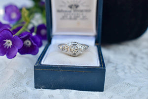 Vintage 18K White Gold Art Deco Octagon Old European Cut Diamond Ring