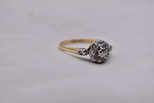 Load image into Gallery viewer, 18K Yellow Gold &amp; Platinum Edwardian Dainty Floral Old Mine Cut Diamond Halo Ring
