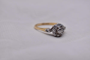 18K Yellow Gold & Platinum Edwardian Dainty Floral Old Mine Cut Diamond Halo Ring