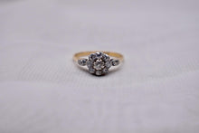 Load image into Gallery viewer, 18K Yellow Gold &amp; Platinum Edwardian Dainty Floral Old Mine Cut Diamond Halo Ring
