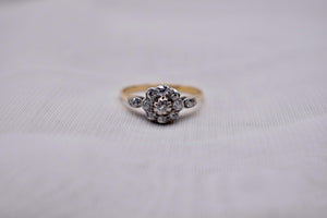 18K Yellow Gold & Platinum Edwardian Dainty Floral Old Mine Cut Diamond Halo Ring