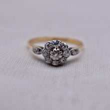 Load image into Gallery viewer, 18K Yellow Gold &amp; Platinum Edwardian Dainty Floral Old Mine Cut Diamond Halo Ring
