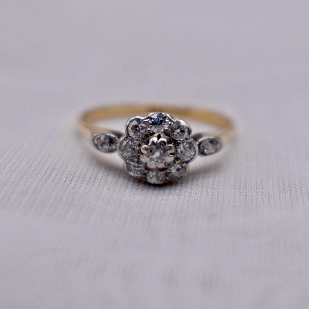 18K Yellow Gold & Platinum Edwardian Dainty Floral Old Mine Cut Diamond Halo Ring