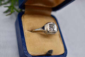 18K White Gold Vintage Art Deco Sapphire Trillion Accented Diamond Engagement Ring