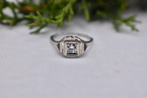 18K White Gold Vintage Art Deco Sapphire Trillion Accented Diamond Engagement Ring