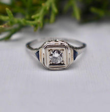 Load image into Gallery viewer, 18K White Gold Vintage Art Deco Sapphire Trillion Accented Diamond Engagement Ring
