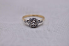 Load image into Gallery viewer, 18K Yellow Gold &amp; Platinum Edwardian Dainty Floral Old Mine Cut Diamond Halo Ring
