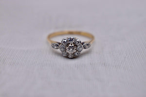 18K Yellow Gold & Platinum Edwardian Dainty Floral Old Mine Cut Diamond Halo Ring