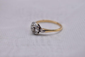 18K Yellow Gold & Platinum Edwardian Dainty Floral Old Mine Cut Diamond Halo Ring