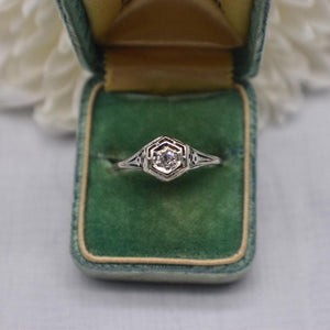 Vintage 18K White Gold Art Deco Dainty Hexagon Old European Cut Diamond Engagement Ring