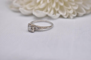 Vintage 14K White Gold Art Deco Transitional Cut Diamond Three Stone Engagement Ring