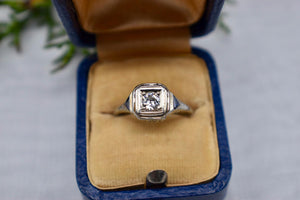 18K White Gold Vintage Art Deco Sapphire Trillion Accented Diamond Engagement Ring