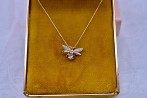 Vintage 10K Yellow Gold Solid Diamond Bumblebee Necklace