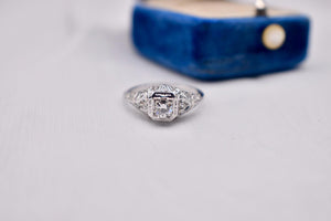 Vintage 18K White Gold Art Deco Transitional Cut Diamond Three Stone Filigree Engagement Ring