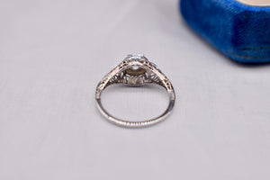 Vintage 18K White Gold Art Deco Transitional Cut Diamond Three Stone Filigree Engagement Ring