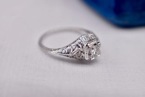 Vintage 18K White Gold Art Deco Transitional Cut Diamond Three Stone Filigree Engagement Ring