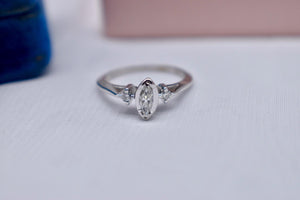 14K White Gold Vintage Marquise and Accent Diamond Three Stone Ring