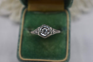 Vintage 18K White Gold Art Deco Dainty Hexagon Old European Cut Diamond Engagement Ring