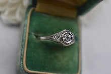 Load image into Gallery viewer, Vintage 18K White Gold Art Deco Dainty Hexagon Old European Cut Diamond Engagement Ring
