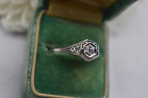 Vintage 18K White Gold Art Deco Dainty Hexagon Old European Cut Diamond Engagement Ring