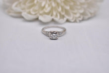 Load image into Gallery viewer, Vintage 14K White Gold Art Deco Transitional Cut Diamond Three Stone Engagement Ring
